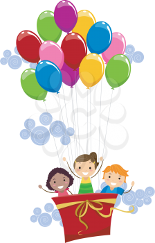 Royalty Free Clipart Image of Children Flying With Balloons