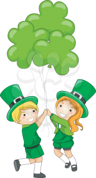 Royalty Free Clipart Image of Children Holding Clover Balloons