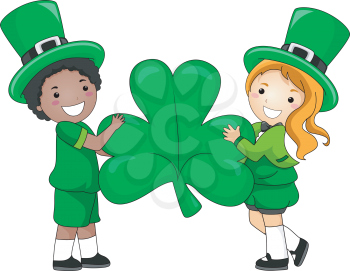 Royalty Free Clipart Image of Two Irish Children Holding a Shamrock
