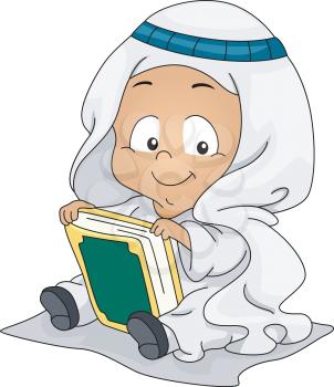Royalty Free Clipart Image of a Muslim Baby Holding a Qur'an