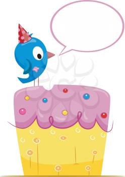 Royalty Free Clipart Image of a Talking Bird on a Cupcake