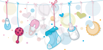 Royalty Free Clipart Image of Baby Related Items Hanging From a Line