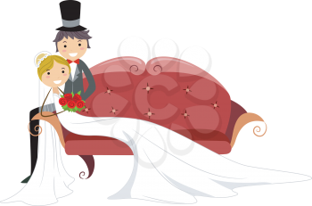 Royalty Free Clipart Image of a Bridal Couple on a Couch