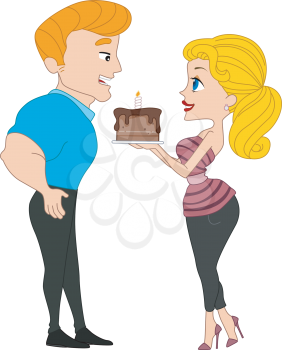 Royalty Free Clipart Image of a Woman Giving a Man a Birthday Cake