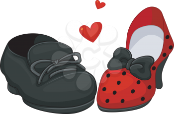Royalty Free Clipart Image of a Man's and a Woman's Shoe With a Heart