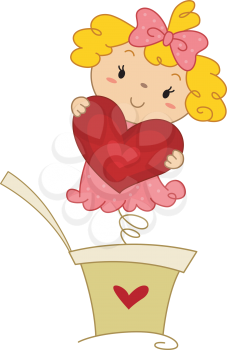 Royalty Free Clipart Image of a Pop-Up Doll Holding a Heart