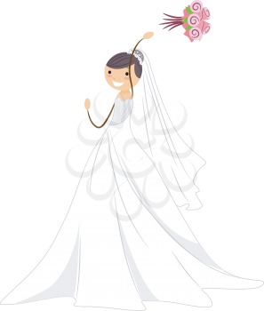 Royalty Free Clipart Image of a Bride Throwing Her Bouquet