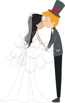 Royalty Free Clipart Image of an Interracial Bridal Couple Kissing