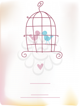 Royalty Free Clipart Image of a Gradient Mesh Card With Lovebirds in a Cage