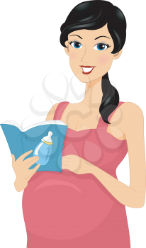 Illustration of a Pregnant Woman Reading a Baby Book