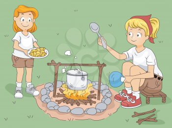 Illustration of a Kid Helping Her Counselor/Camp Leader Cook