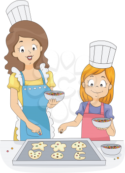 Illustration of a Woman and a Girl Adding Sprinkles to Cookies