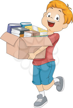 Illustration of a Kid Carrying a Box Full of Books for Donation or Organization