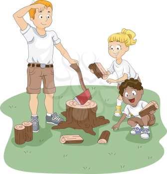 Illustration of Kids Gathering Firewood