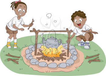 Illustration of Campers / Siblings Boiling Water