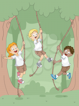 Illustration of Kids Swinging with Ropes