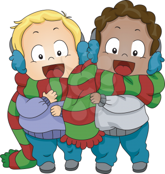 Illustration of Babies Sharing a Christmas Scarf