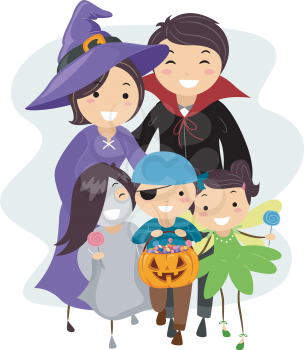 Illustration of a Family Dressed in Halloween Costumes