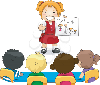 Illustration of a Kid Showing a Drawing of Her Family