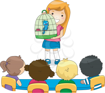 Illustration of a Kid Showing Her Pet to Her Classmates