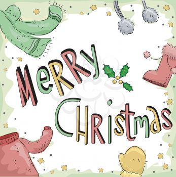 Christmas Card Illustration Featuring Winter Clothes and Accessories