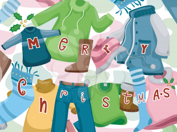 Illustration of Clothes and Accesories with Christmas Greetings Sewn on Them