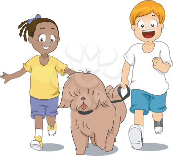 Illustration of Kids Taking Their Dog for a Run