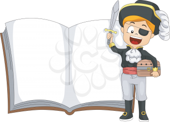 Illustration of a Kid Dressed as a Pirate Standing Beside a Book