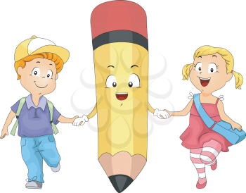 Illustration of Kids Holding Hands with a Pencil