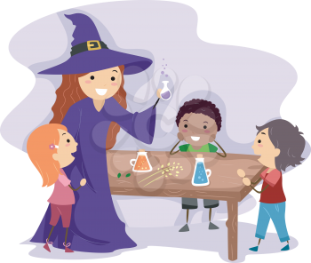 Illustration of a Witch Showing Kids How to Make a Potion