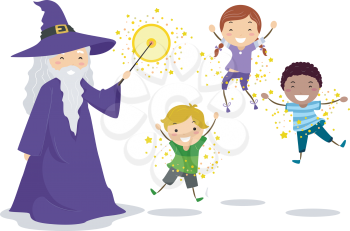 Illustration of a Wizard Casting a Spell on Kids