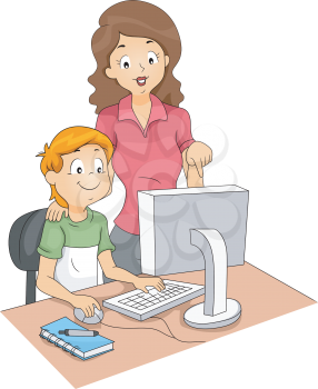 Illustration of a Computer Teacher Guiding Her Student