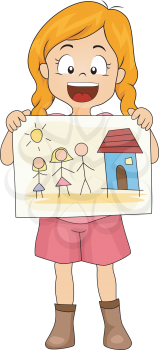 Illustration of a Kid Showing Her Drawing of Her Family