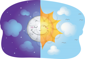 Illustration of a Split-screen Showing the Sun and the Moon