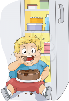 Illustration of an Overweight Boy Eating Cake