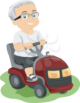 Illustration Featuring an Elderly Man Riding a Lawn Mower