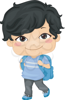 Illustration of an Asian Schoolboy Carrying a Backpack