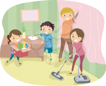 Illustration of a Family Doing Some Spring Cleaning