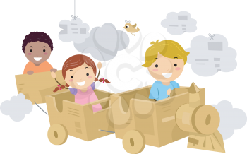 Illustration Featuring Kids Riding a Makeshift Train