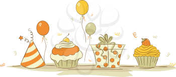 Illustration of Cupcakes and Other Birthday Related Elements