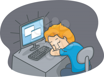 Illustration of a Guy Sleeping in Front of His Computer