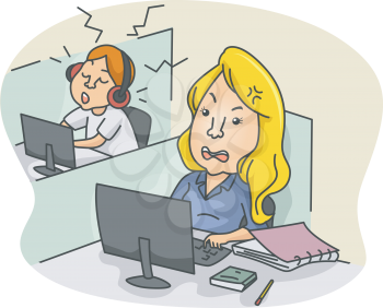 Illustration of a Girl Annoyed at the Noise Coming from the Next Cubicle