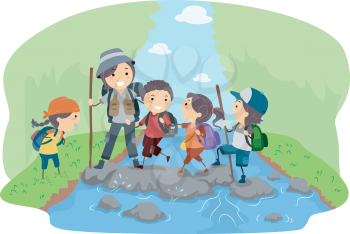 Illustration of Campers Crossing a River