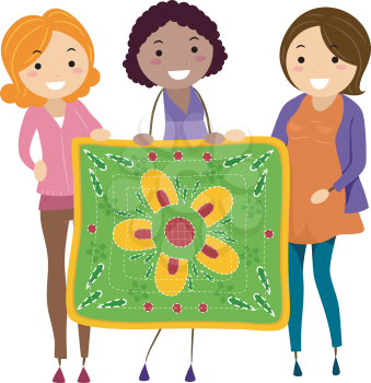 Illustration of Women Holding a Quilt