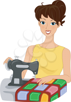 Illustration of a Girl Making a Quilt
