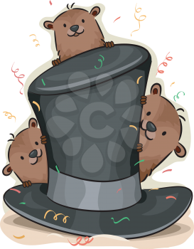 Illustration of Groundhogs Peeking From Behind a Hat