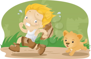 Illustration of a Kid Kid Being Chased by a Lion Cub