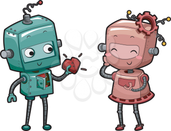 Illustration of a Male Robot Handing His Heart to a Female Robot