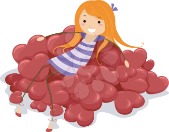 Illustration of a Girl Leaning Against a Pile of Hearts