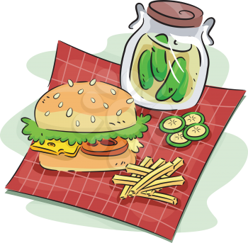 Illustration of a Hamburger and a Pickle Jar